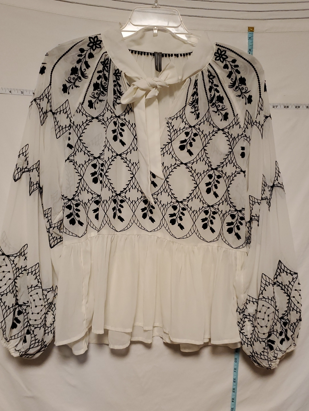 Anthropologie White Sheer Blouse Black Floral Embroidery Boho Cottagecore Artsy